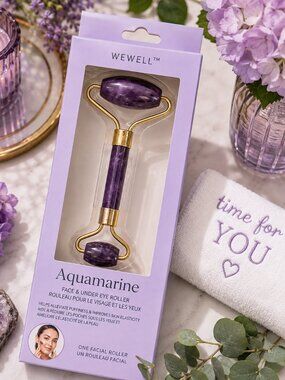 ❤️5/$25 WEWELL Aquamarine Purple Face Under Eye Roller Skincare NWT